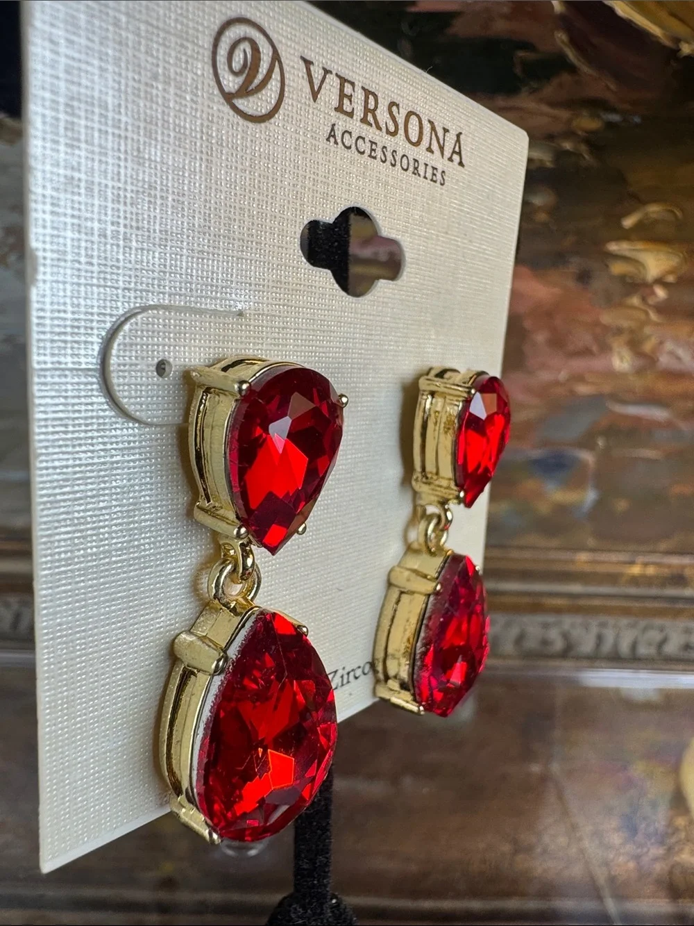 0645-Versona Gold-Tone Red Teardrop Dangle Earrings